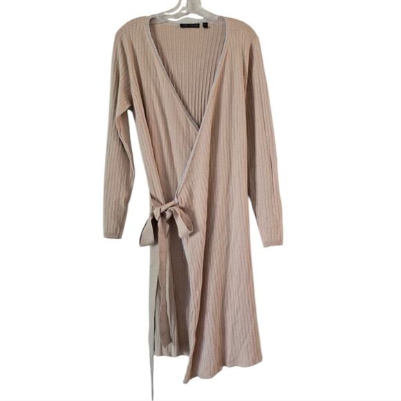 PAMELA DENNIS Beige Ribbed Wrap Dress Size Medium - Picture 1 of 9
